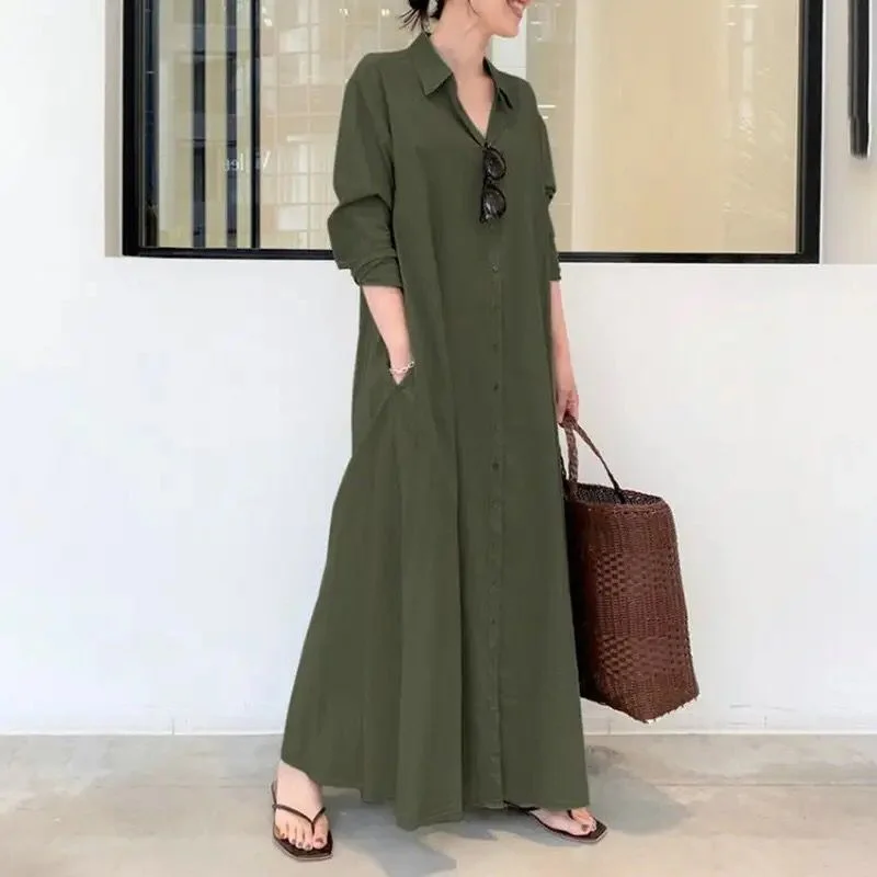 Cotton Linen Pocket Long Dress Women 5269 Square Neckline Feminine