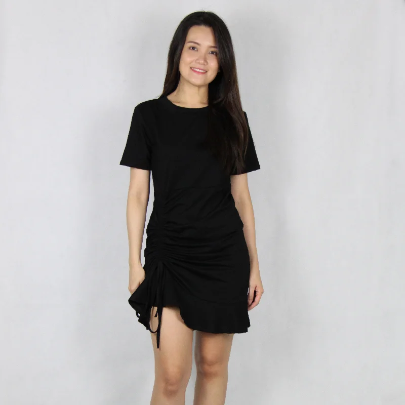 Basic Front Side Drawstring Cotton Mini Dress in Black Elegant Silk Mini Dress