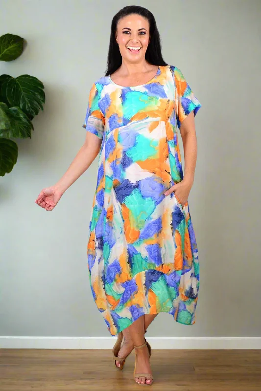 Blue Orange Aqua Short Sleeves Tunic Dress Tunics Winter warm