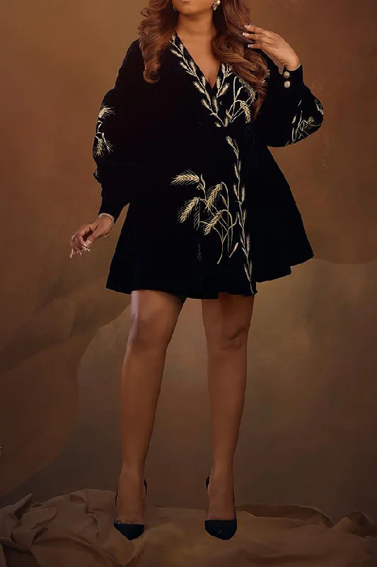 Elegant Overlap Collar Embroidered Velvet Mini Dress Cozy Satin Mini Dress