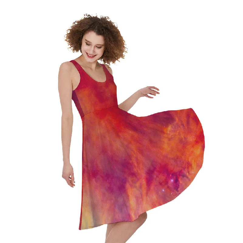 Abstract Nebula Cloud Galaxy Space Print Sleeveless Knee Length Dress Tunics Chinos classic