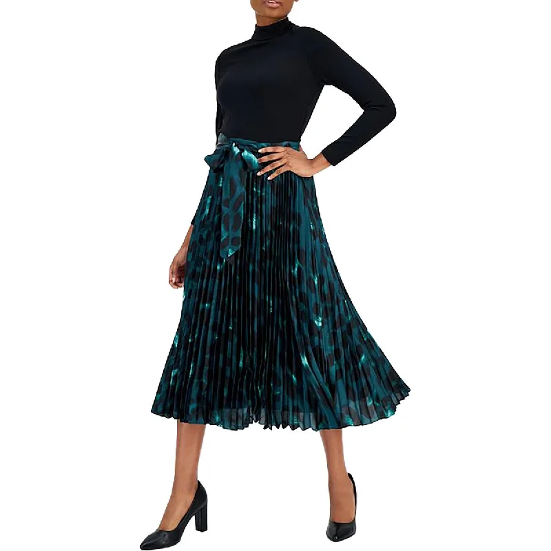 Womens Pleated Viscose Fit & Flare Dress Turtleneck Neckline Stylish