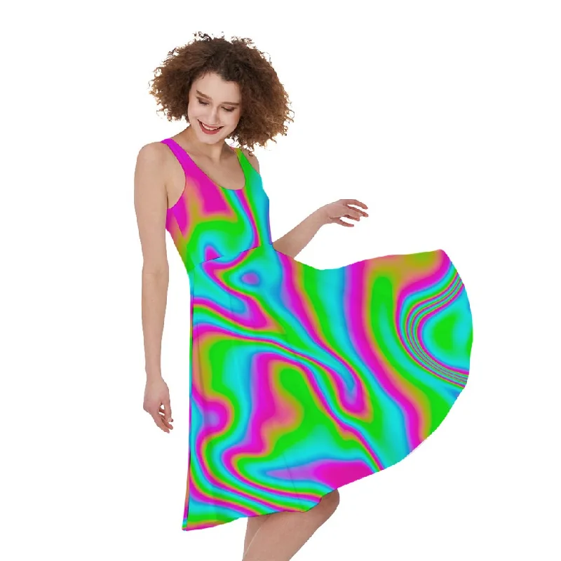 Abstract Psychedelic Trippy Print Sleeveless Knee Length Dress Tunics Floral girly