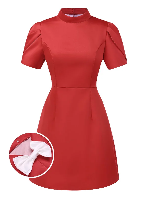 Red 1960s Puff Sleeve Back Cut Out Mini Dress Classic Casual Mini Dress