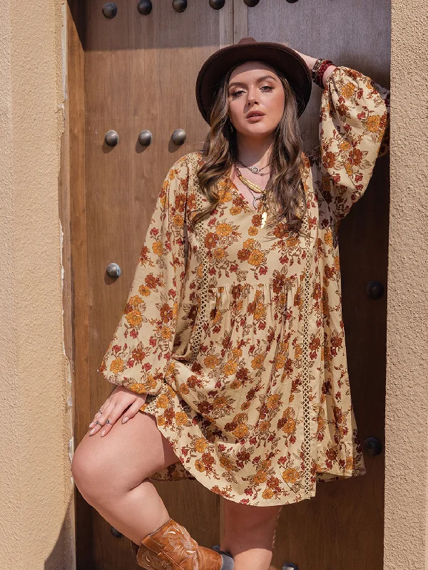Plus Size Printed V-Neck Balloon Sleeve Mini Dress Cozy Ribbed Mini Dress