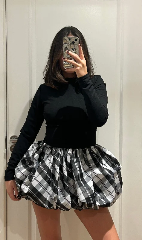 Black and Tartan Puff Ball Mini Dress Chic Mini Dress with V-Neck