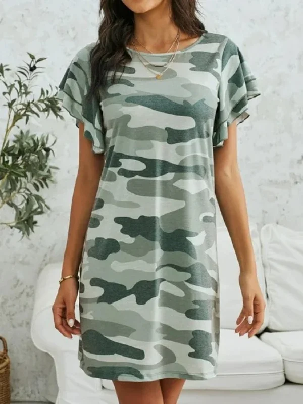 Camouflage Round Neck Short Sleeve Mini Dress Fashionable Polka Dot Mini Dress