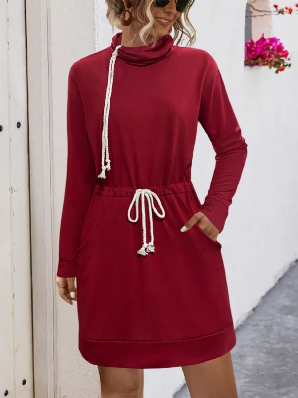 Drawstring Turtleneck Long Sleeve Mini Dress Trendy Bodycon Mini Dress