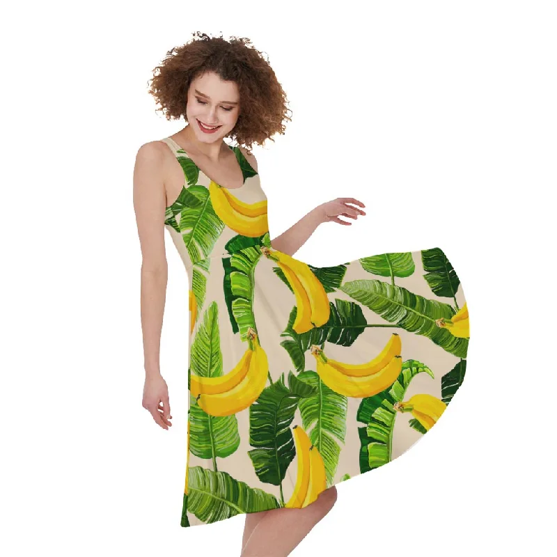 Aloha Banana Pattern Print Sleeveless Knee Length Dress Tunics Stylish elegant