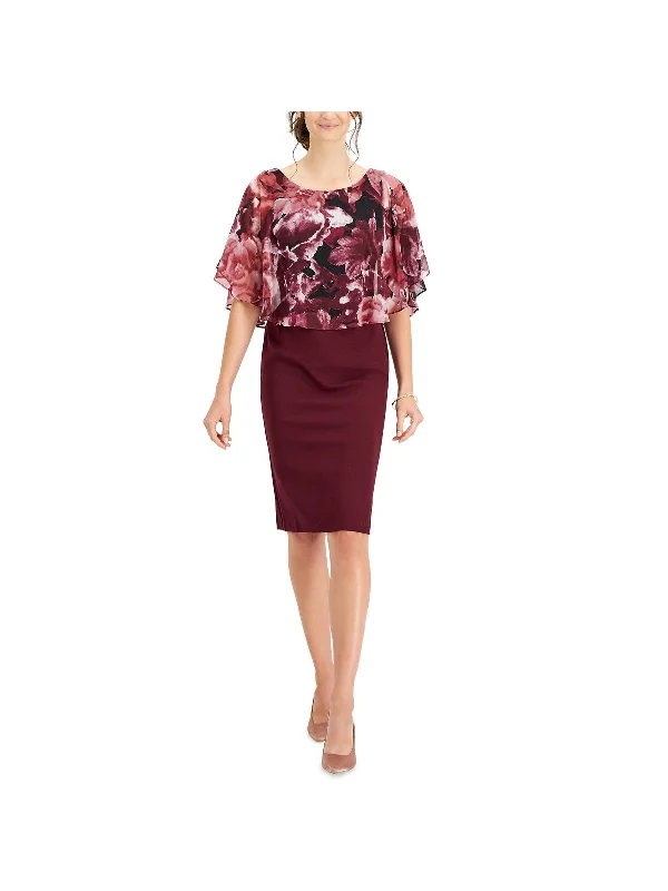 Womens Chiffon Cape Overlay Sheath Dress Boat Neckline Classic