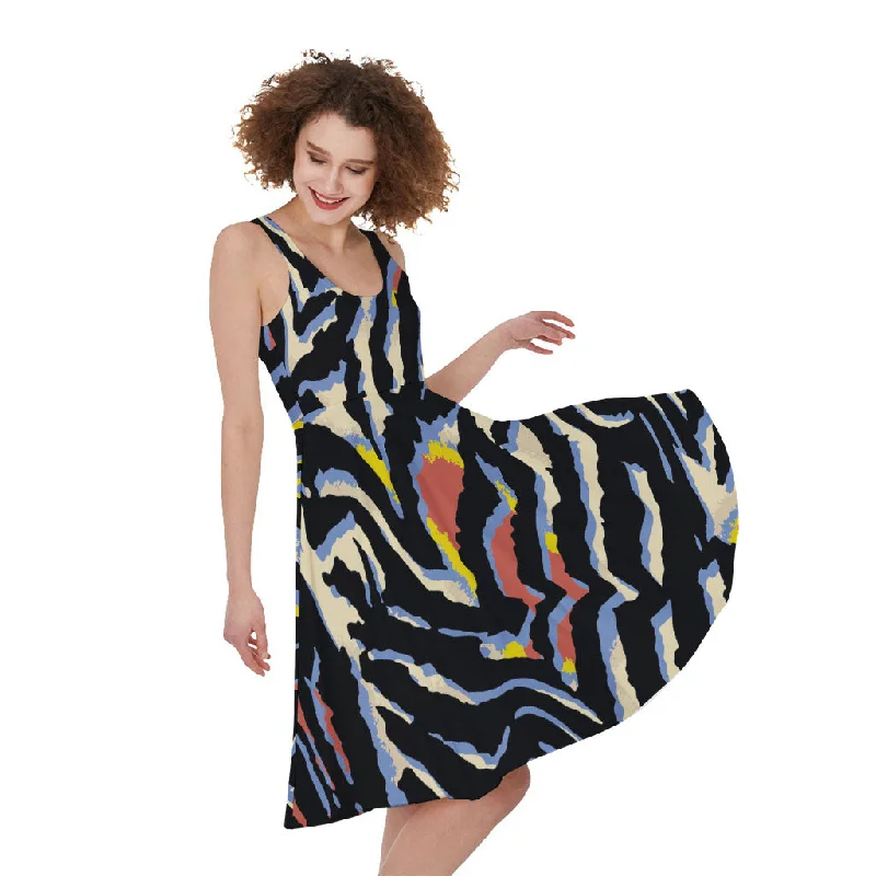 Abstract Zebra Pattern Print Sleeveless Knee Length Dress Tunics Luxurious high-end