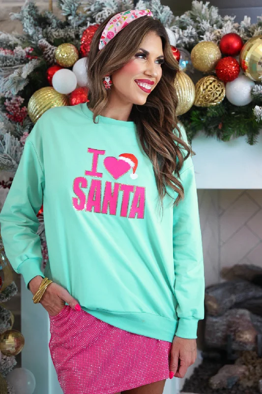 FINAL SALE I Love Santa Sweatshirt - Teal Hoodie with Elastic Waist Stretchable Comfortable