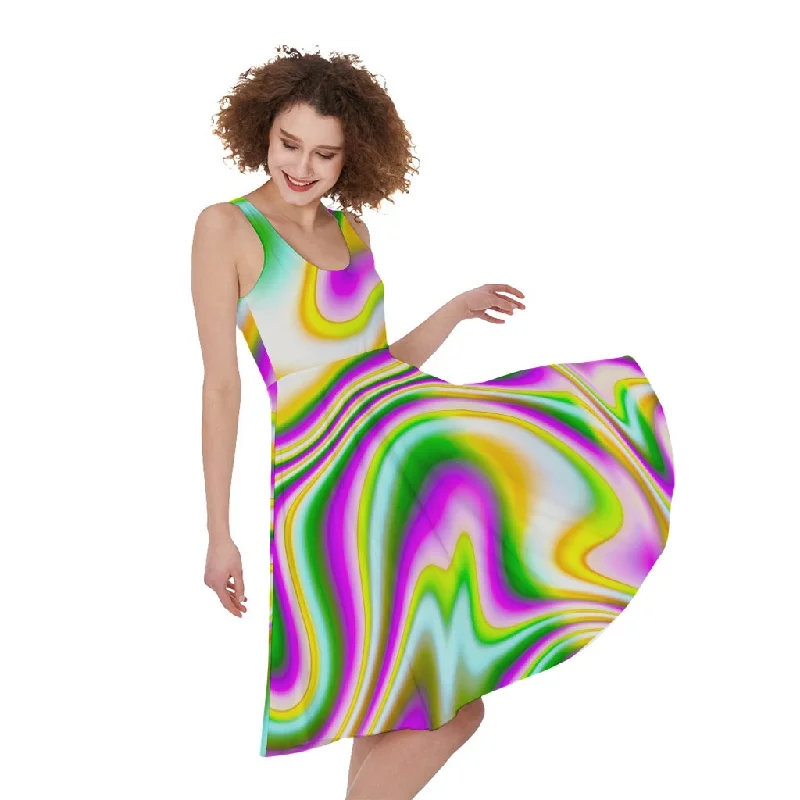 Abstract Holographic Liquid Trippy Print Sleeveless Knee Length Dress Tunics Prom sequined