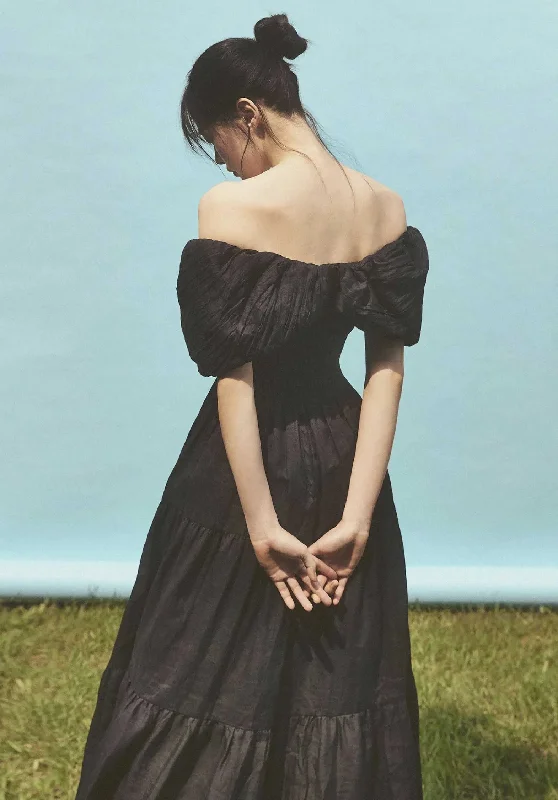 Dress Loren Solid Off S Aw23-044 Black Maxi Flowy Bohemian