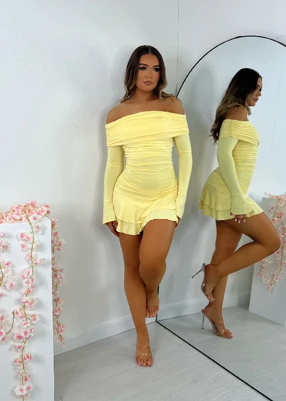 Sweet Talk Bardot Long Sleeve Mini Dress - Yellow Stylish Spaghetti Strap Mini Dress