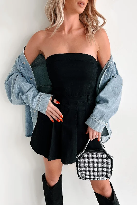 Vivid Dreams Shorts Lined Denim Mini Dress (Black) Elegant Satin Lace Mini Dress