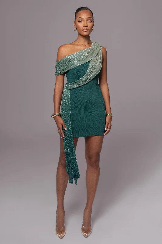 Green Asymmetric Drape Mini Dress Cozy Ruched Mini Dress