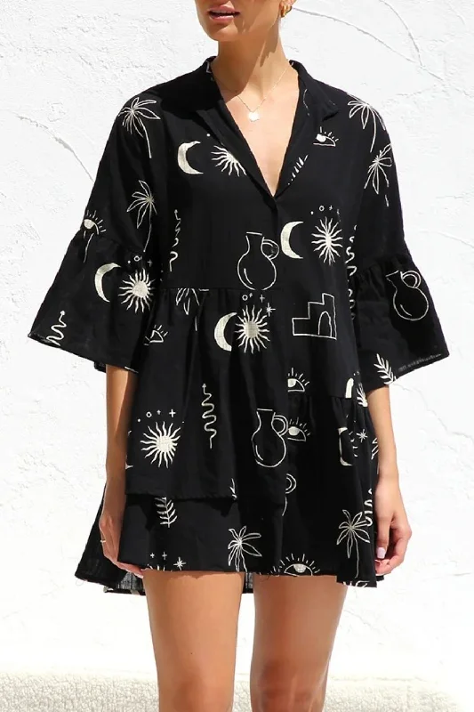 Ruched Printed Three-Quarter Sleeve Mini Dress Comfortable Zip-Up Mini Dress