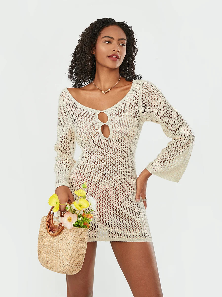 Znbbw Backless Cutout Crochet Knit Beach Mini Dress for Women Bikini Cover-ups Long Sleeve V-Neck Bodycon Short Dresses Cozy Long Sleeve Mini Dress