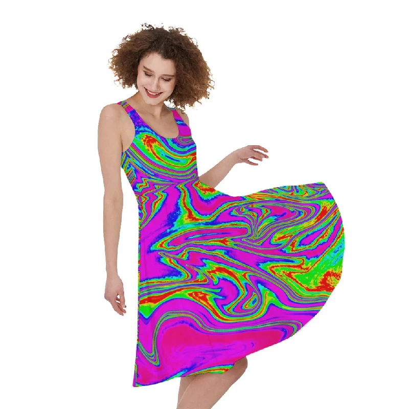 Abstract Psychedelic Liquid Trippy Print Sleeveless Knee Length Dress Tunics Velvet soft