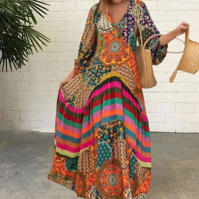 Lantern Sleeve Stitching Design Big Hem Beach Long Dress 2XL B-76613 Tunics Hiking breathable