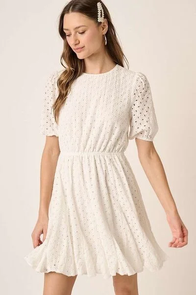 Mittoshop Eyelet Round Neck Puff Sleeve Mini Dress Fashionable Polka Dot Mini Dress