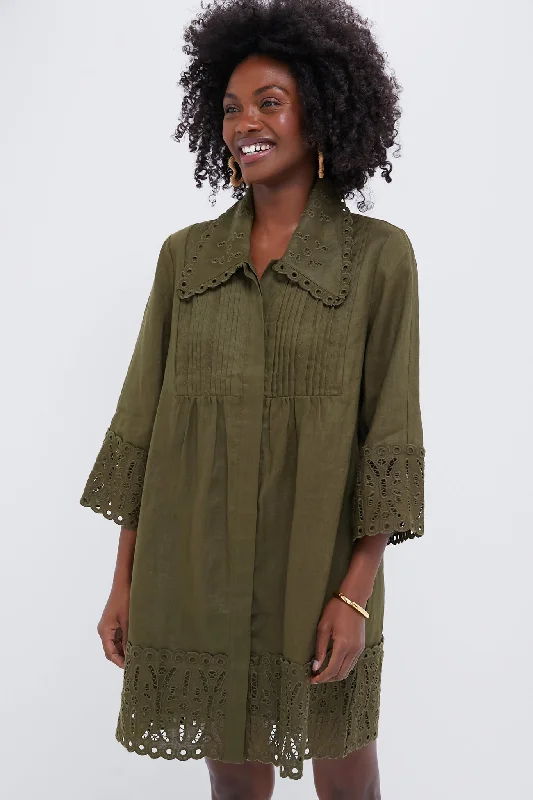 Army Green Linen Eyelet Delphine Dress sweetheart Neckline Romantic