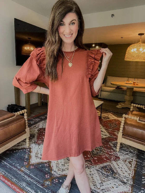 Daily Practice Terry Sweatshirt Dress in Rust Hoodie with Double Zipper Versatile Adjustable