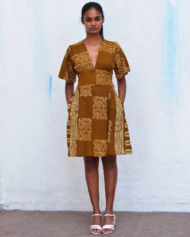 Golden Blossom Mustard Handblockprinted Cotton Dress - Hmbd Pencil Office Professional