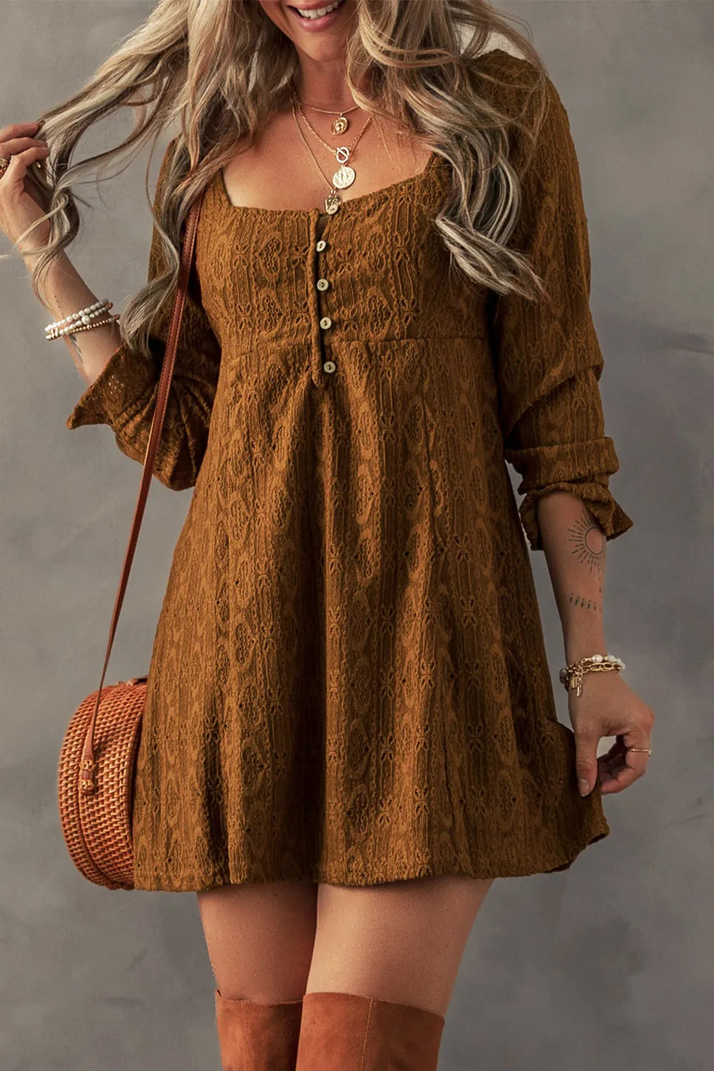 Textured Square Neck Mini Dress Fashionable Off-Shoulder Mini Dress