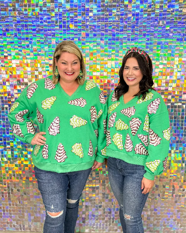 Queen of Sparkles Little Debbie Trees V-Neck Sweatshirt - Green Graphic Hoodie Design Print