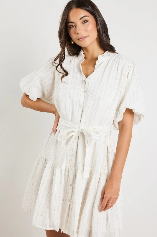 Delphi Ivory Stripe Drop Waist Belted Mini Dress Fashionable Polka Dot Mini Dress