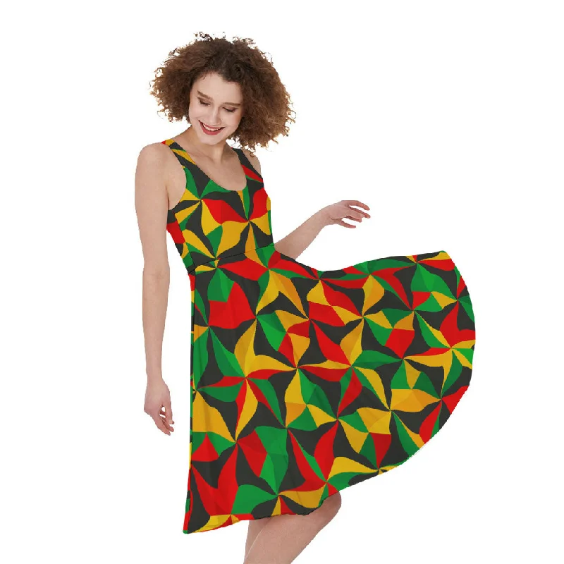 Abstract Reggae Pattern Print Sleeveless Knee Length Dress Turtleneck Neckline Stylish
