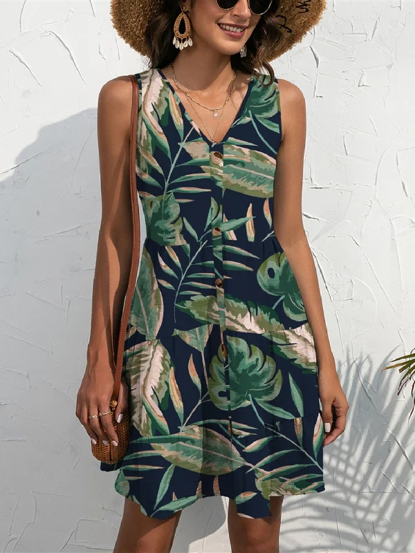 FAM-FAM Printed V-Neck Sleeveless Mini Dress Elegant Floral-Print Mini Dress