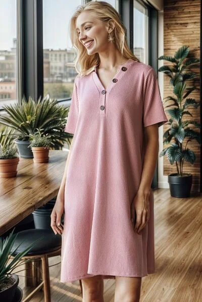 Heimish Full Size Solid Ribbed Mini Dress with Button Plus Size Trendy Off-Shoulder Dress Mini