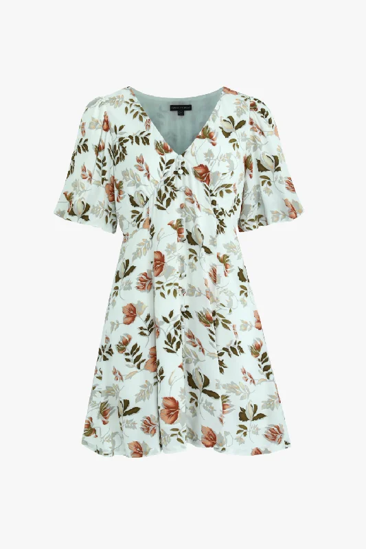 Adelaide Ivory Floral SS Button Front Mini Dress Stylish Ruffle Mini Dress