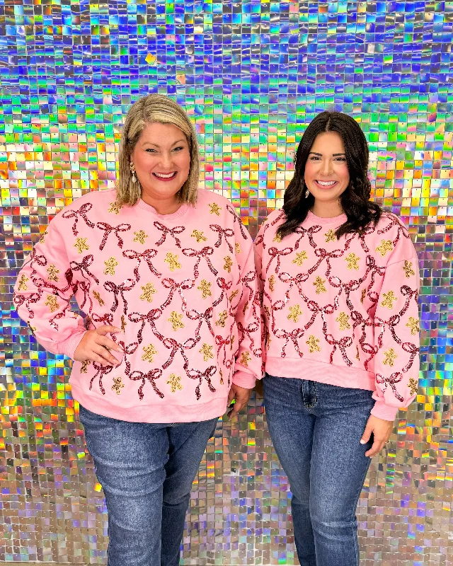 Queen of Sparkles Gingerbread Men & Bows Sweatshirt - Light Pink Hoodie with Hem Lace Feminine Delicate