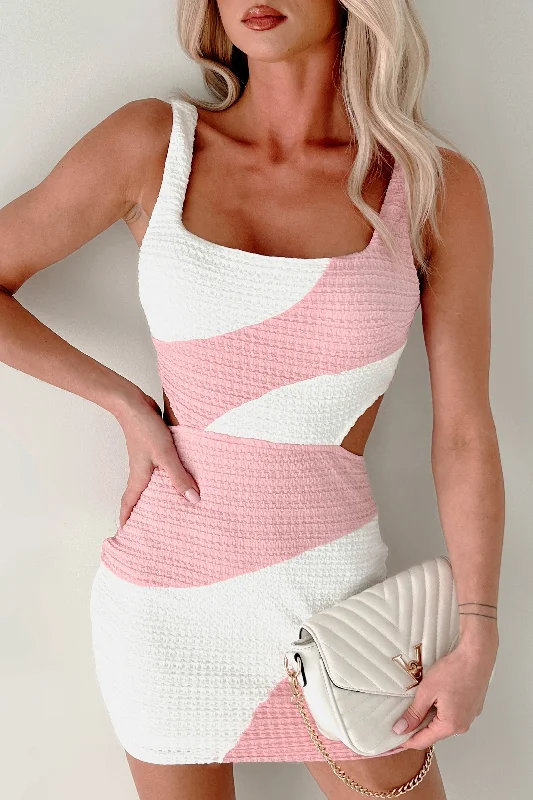Sweet Escape Textured Colorblock Mini Dress (White/Pink) Cozy Ruched Mini Dress