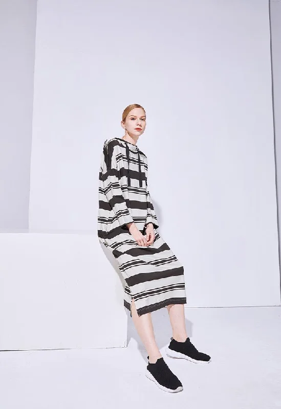 Choice Striped Midi Hoodie Dress Black-White Hoodie with Cropped Fit Short Trendy
