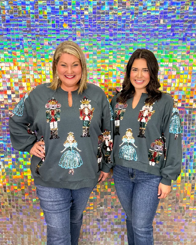 Queen of Sparkles Nutcracker Ballet Sweatshirt - Dark Teal Hoodie with Hem Applique Textured Unique