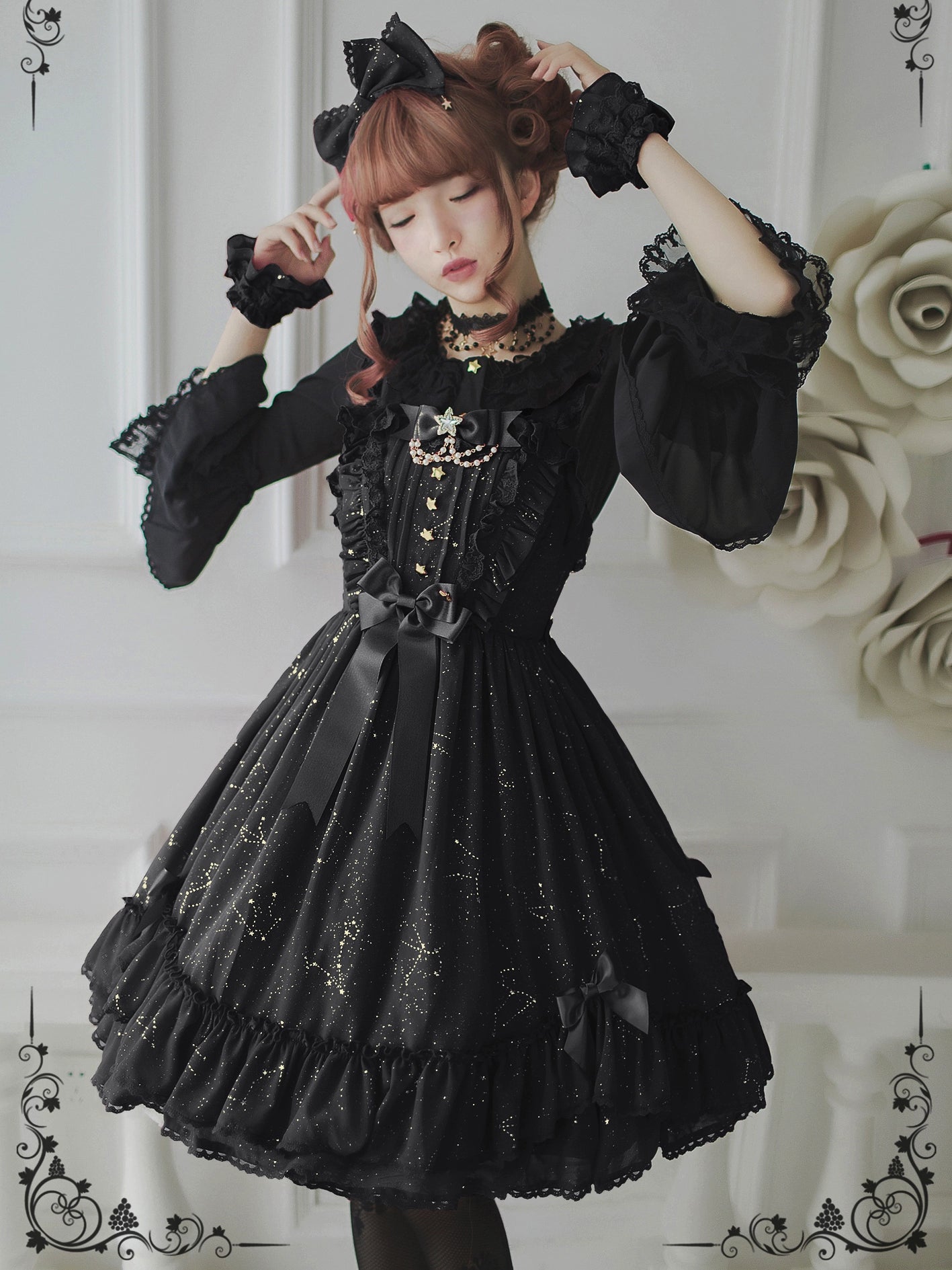 Sakuya Lolita~Whisper Of Stars~Constellation Foil Printing Elegant Lolita High Waist JSK Dress Tunics Formal black