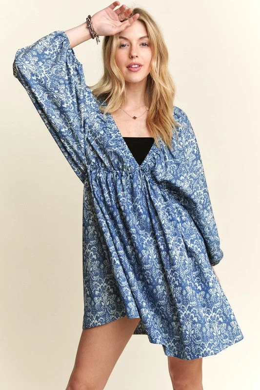 ADORA Printed V-Neck Batwing Sleeve Mini Dress Trendy Lace Mini Dress