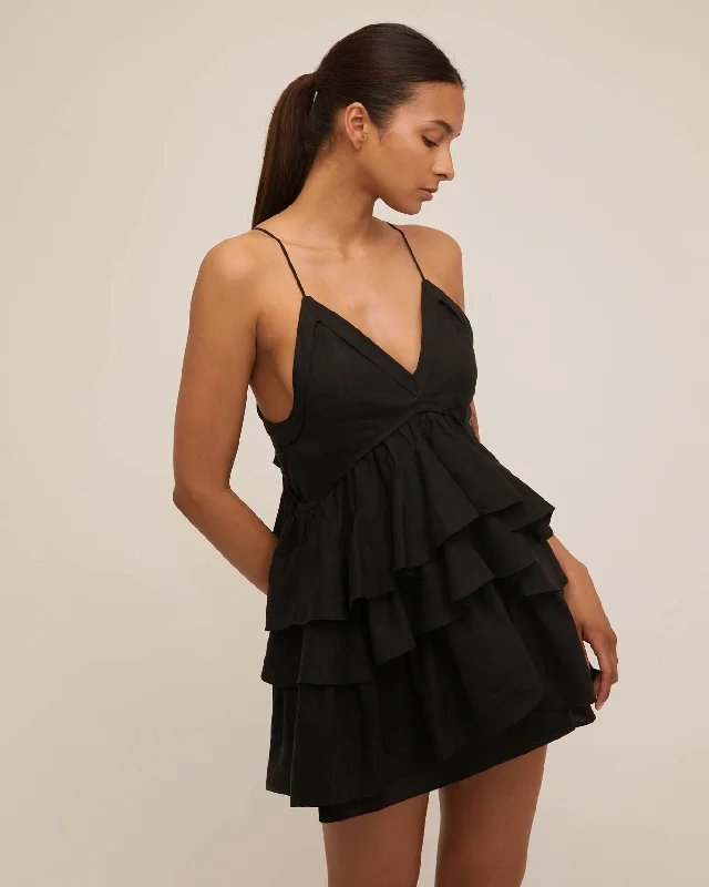 Lucia Tiered Mini Dress in Linen Black Comfortable Zip-Up Mini Dress