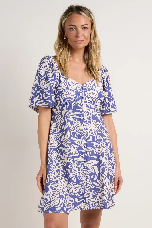 Wholehearted Blue Shadow Floral SS Sweetheart Button Front Mini Dress Fashionable Button-Front Mini Dress