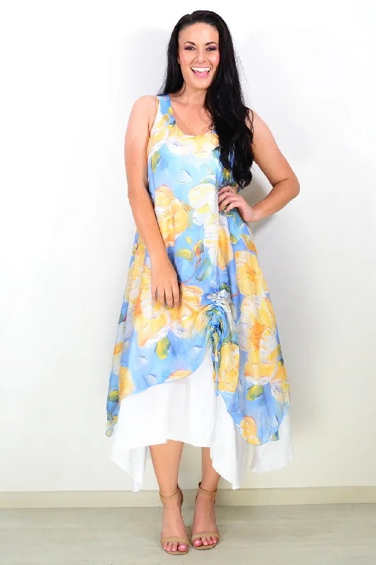 Yellow Blue Floral Sleeveless Tunic Dress Crew Neckline Sporty