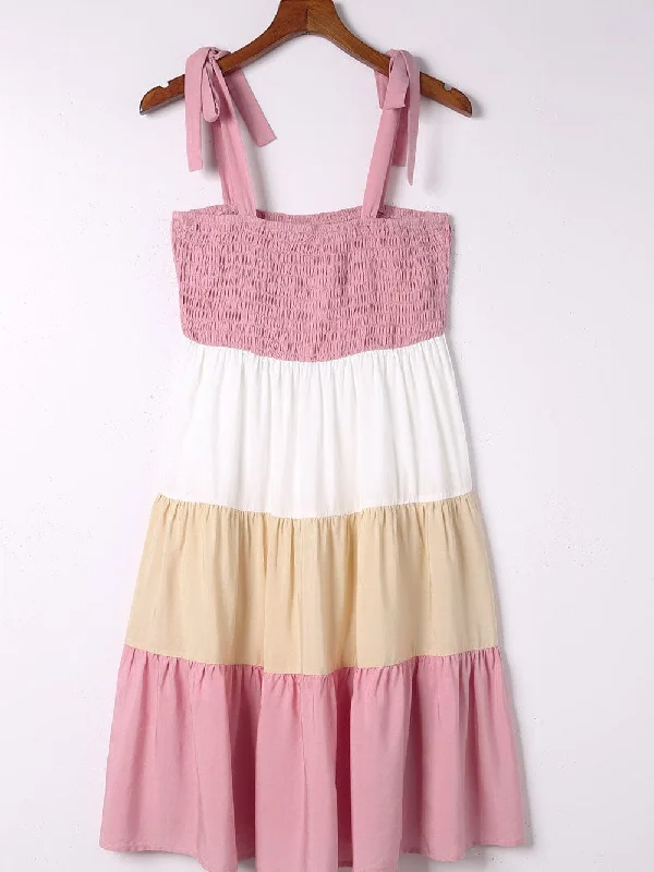Colorblock Mini Dress with Smocked Top and Ruffle Hem Trendy Mesh Mini Dress