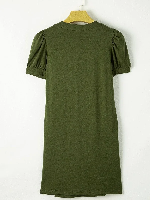 Women's V-Neck Pleated Short Sleeve Casual Mini Dress Fashionable Denim Mini Dress