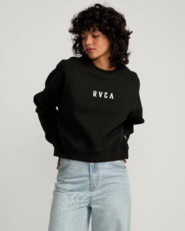 Stacked Court Crew Sweatshirt - Rvca Black Hoodie with Hem Drawcord Adjustable Customizable