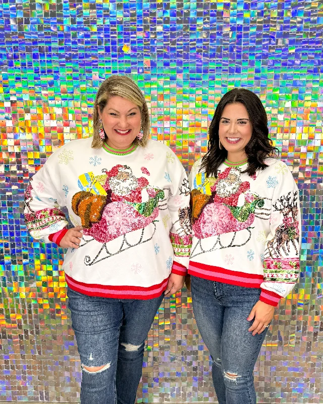 Queen of Sparkles Vintage Santa Sweatshirt - White Hoodie with Hem Frayed Vintage Worn