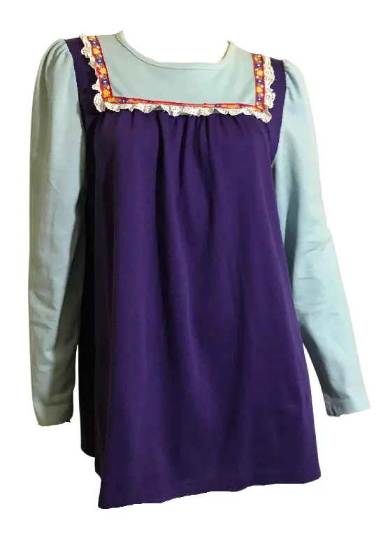 Purple and Blue Lace and Ribbon Trimmed Mini Dress circa 1970s Comfortable Linen Mini Dress